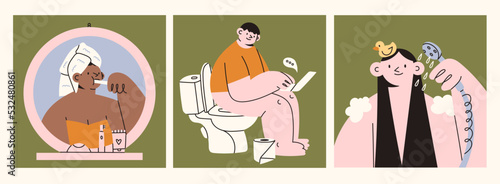 Brushing teeth, pooping, sitting on a toilet bowl, taking a shower. Daily hygiene routine. Hand drawn Vector illustrations. Cartoon style. Cute funny characters. Logo, icon, poster, card templates