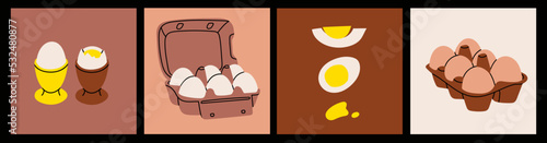 Chicken Eggs in carton boxes, boiled eggs. Eggs with and without shell. Breakfast, organic farm food concept. Poultry production. Hand drawn Vector illustration. Isolated elements