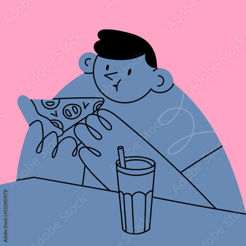 Portrait of young person eating a slice of pizza and drinking beverage from glass through the straw. Cute abstract character. Cartoon style. Hand drawn trendy Vector isolated illustration