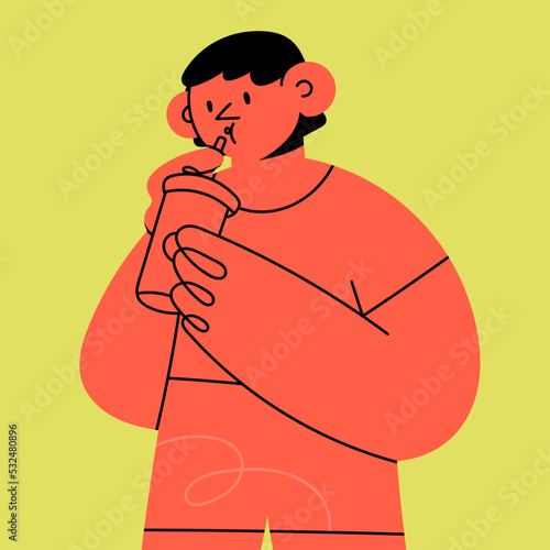 Portrait of young person drinking beverage from glass through the straw. Cute abstract character. Cartoon style. Hand drawn trendy Vector isolated illustration