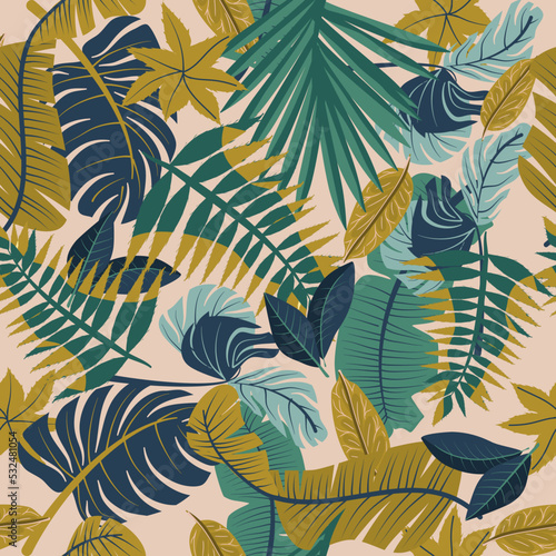 Fototapeta Naklejka Na Ścianę i Meble -  Seamless pattern with tropical leaves. A Pattern for wallpaper, fashion and print. 