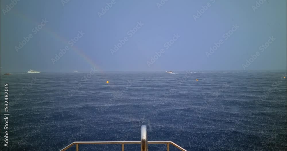 8K Heavy Rain Falling On The Mediterranean Sea Waves And A Beautiful Rainbow In Monaco During A Thunderstorm With The Raining Sound - DCi 4K Video
