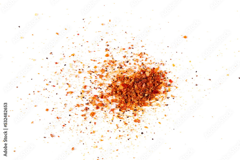 Seasoning preparation, mild hot powder mixture with spices and tomatoes, (black pepper, garlic, cane sugar, granulated tomatoes, cayenne pepper, sea salt) isolated on white, top view 