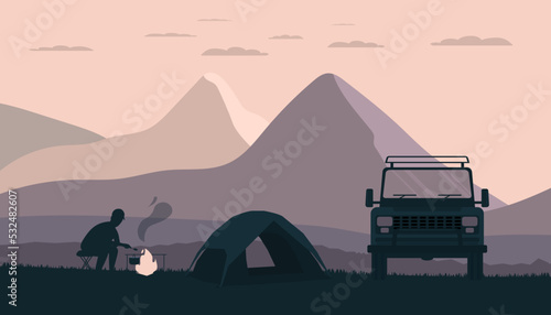 Man with tent and SUV resting in nature. Vector illustration.