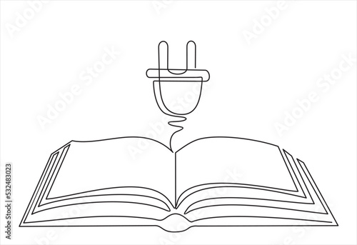 continuous one line drawing of Open book with cable plug, electronic book concept line art symbol or logo, e-book, education and literature reading library.
