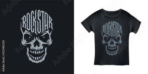 Rockstar word skull t-shirt design typography. Creative hand drawn lettering art. Rock related text. Vector vintage illustration.