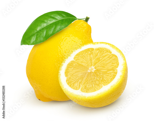 lemon fruit with leaves and half isolated on white background, Fresh and Juicy Lemon