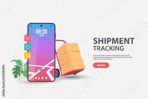 Mobile smart phone with app delivery tracking. Vector modern flat creative info graphics design on application. 3D Vector Illustrations.
