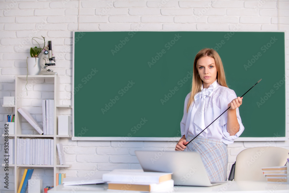 Young blonde teacher pointing on lesson. Cute young woman with pointer teaching near blackboard. Young blonde teacher pointing on lesson. Cute young woman with pointer teaching near blackboard.