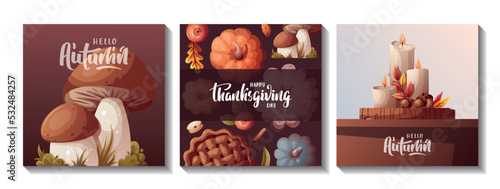 Set of autumn cards with pumpkins, apple pie, mushrooms, candles and autumn leaves. Autumn, harvest, holiday, fall concept. Square Vector illustrations. Postcard, cover, card.