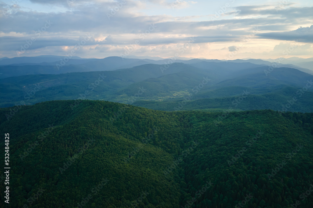 Aerial view of green pine forest with dark spruce trees covering mountain hills. Nothern woodland scenery from above Aerial view of green pine forest with dark spruce trees covering mountain hills. Nothern woodland scenery from above