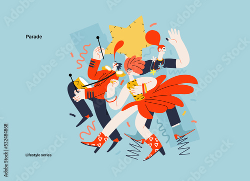 Lifestyle series - Parade - modern flat vector illustration of people marching together, taking part in parade or rally. Male and female protesters or activists. People activities concept