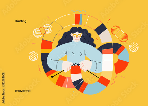 Lifestyle series - Knitting - modern flat vector illustration of a woman wearing glasses knitting a long striped scarf with knitting needles. People activities concept