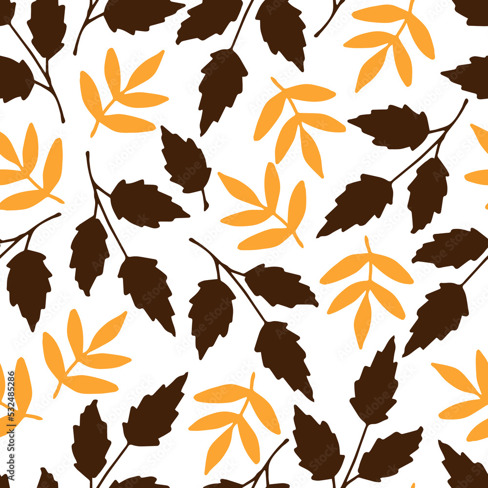 Simple floral vector seamless pattern. Dry orange, brown leaves, twigs on a white background. For fabric prints, textiles. Autumn-summer collection. Seasonal leaf fall.