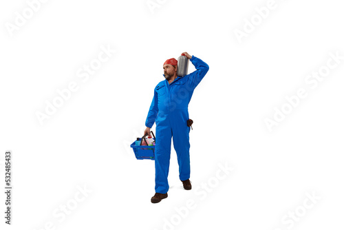 Man, mechanic or builder visiting shop to buy necessary equipment and special goods isolated on white background