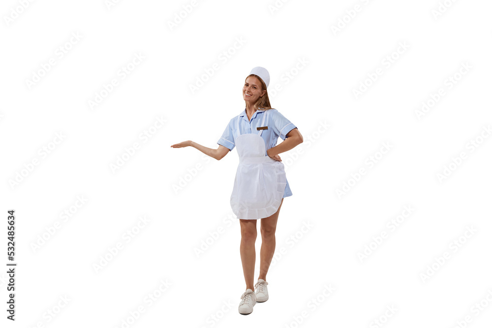 Portrait of beautiful young woman, saleswoman in a candy store in special uniform posing isolated over white background Portrait of beautiful young woman, saleswoman in a candy store in special uniform posing isolated over white background