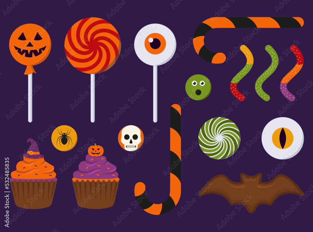 Set Of Halloween Candies For Kids Trick Or Treat Vector Illustration In Flat Style