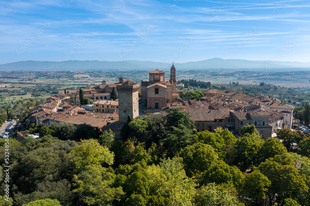 close-up frontal aerial view of the town of lucignano tuscany