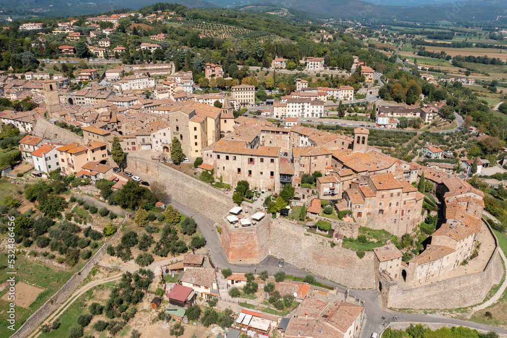 side aerial view of the town of anghiari tuscany