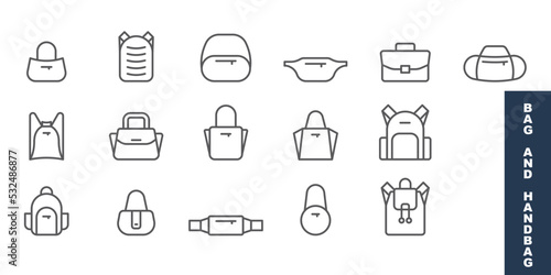 Bag and handbag line icons set, outline vector symbol collection, linear style pictogram pack. Signs, logo illustration. Set includes icons such as Backpack, shopping bag, sports rucksack, knapsack