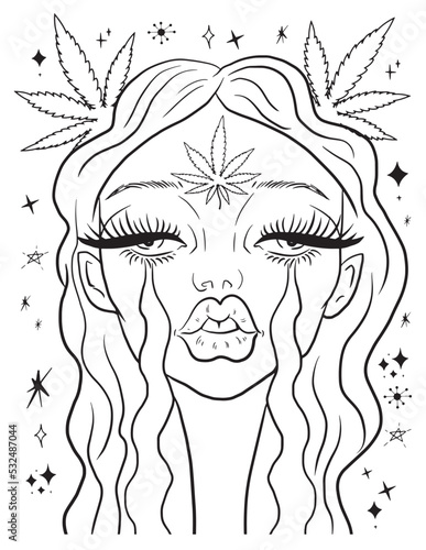 Beautiful girl and weed leaf coloring page. Vector coloring for adults