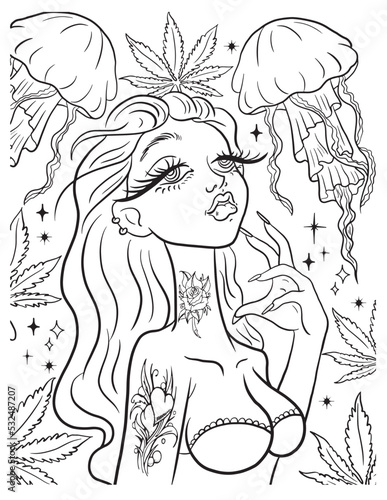 Beautiful girl and weed leaf coloring page. Vector coloring for adults