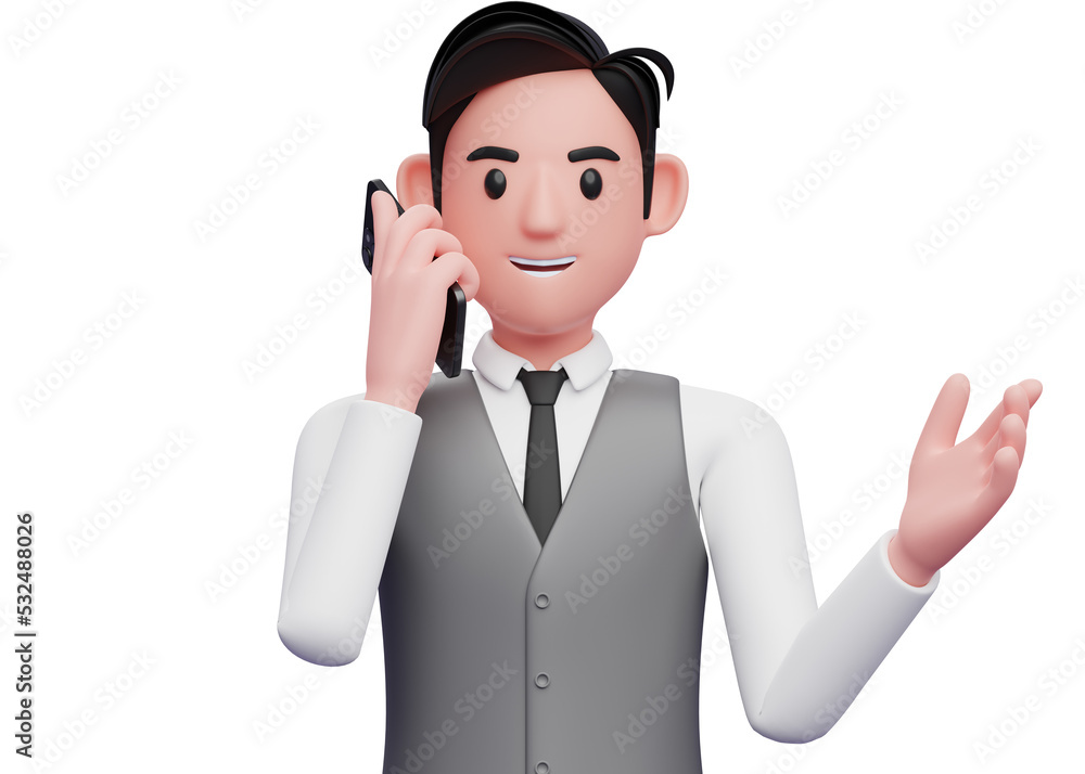 close up of businessman in gray office vest talking on phone while opening hands with gesture demonstrating, 3d illustration of businessman using phone close up of businessman in gray office vest talking on phone while opening hands with gesture demonstrating, 3d illustration of businessman using phone