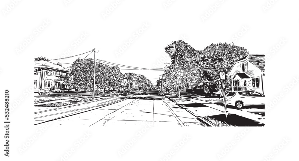 Fototapeta premium Building view with landmark of Oshkosh is the city in Wisconsin. Hand drawn sketch illustration in vector.