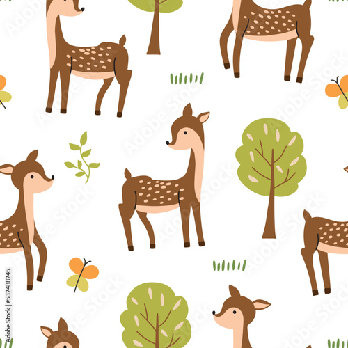 Bright seamless pattern with baby deer in the forest on a white background. Vector illustration for nursery and textile decoration