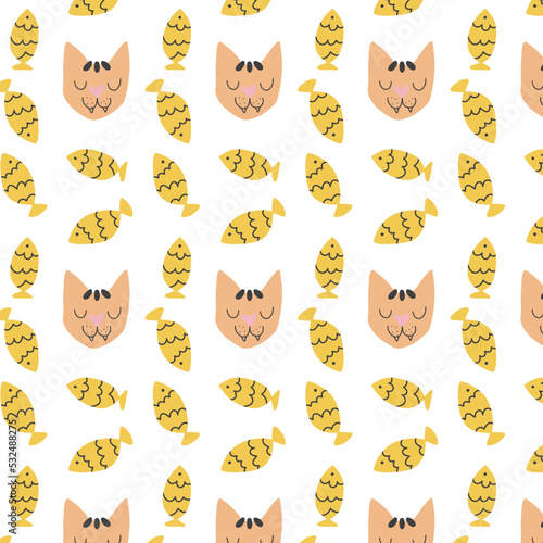 Cute cartoon cat with fishes seamless pattern.
