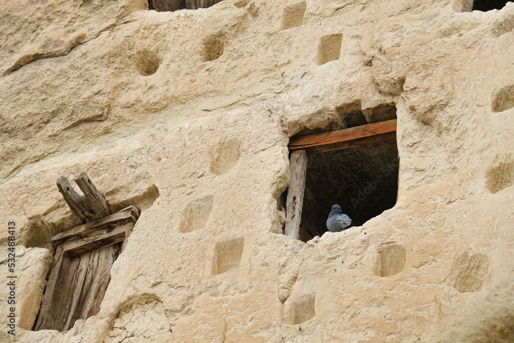 Taskale granaries are natural food storages in Taskale town of Karaman province,Turkey. A dove in the window. Close-up view.