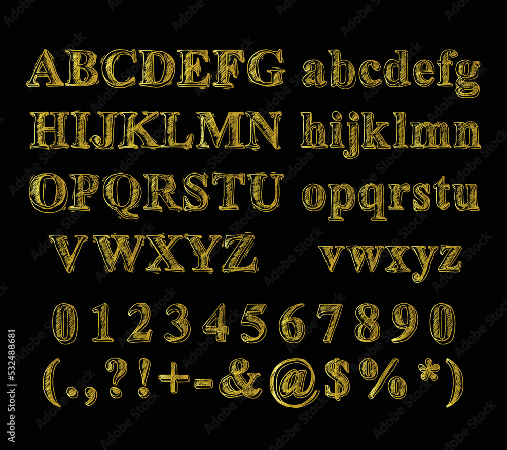Sketch hand drawn alphabet black and white font letters numbers and ...