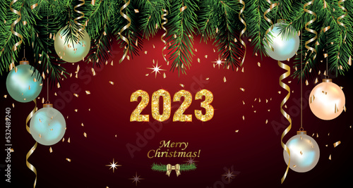 Happy New Year 2023 background with golden sparkling texture. Gold numbers 3, 2, 0, 23 . Postcard with silver, pearly Christmas tree toys. Vector Illustration for holiday greeting card.