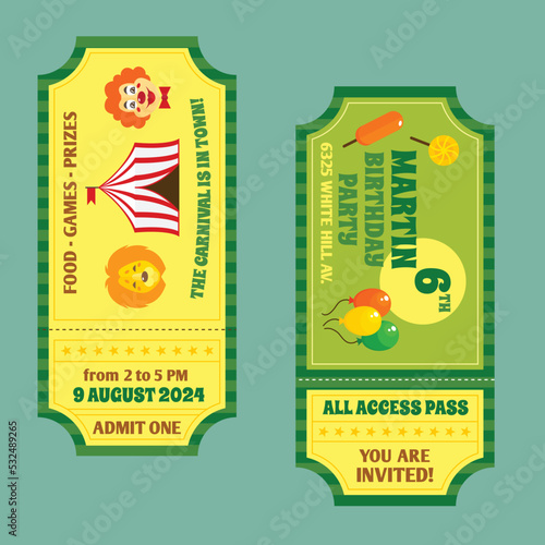 Two vintage circus carnival birthday party invitation tickets templates with clown and balloon isolated vector illustration