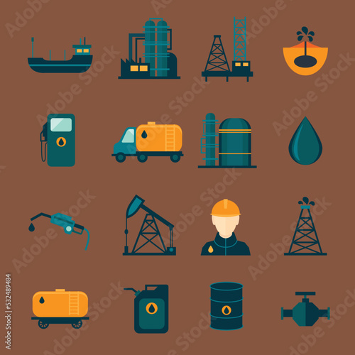 Oil industry drilling refining process petroleum transportation icons set with oilman and pump flat isolated vector illustration