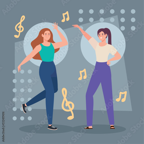 girls dancing with music notes