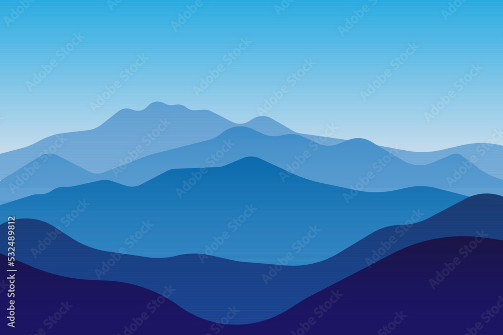 Vector illustration of beautiful scenery mountains in dark blue gradient color. View of a mountains range. Landscape during sunset at the summer time. Foggy hills in the mountains ragion.
