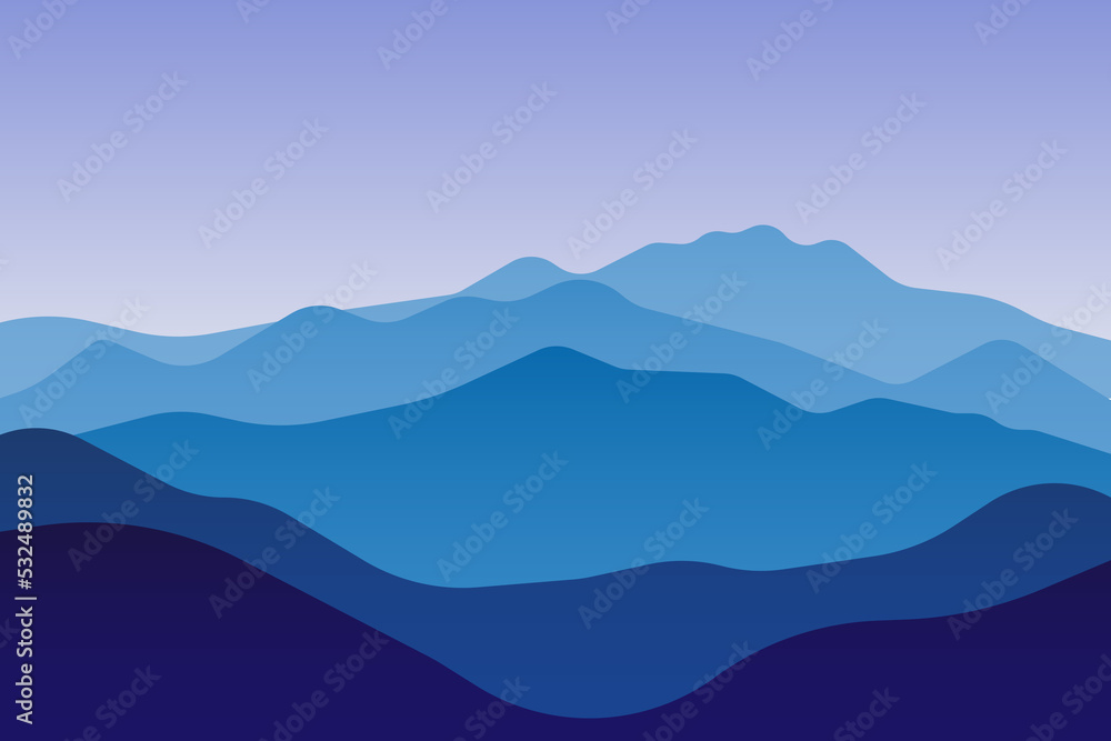 jpeg illustration of beautiful scenery mountains in dark blue gradient color. View of a mountains range. jpg Landscape during sunset at the summer time. Foggy hills in the mountains ragion.
jpeg illus