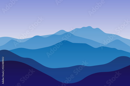 jpeg illustration of beautiful scenery mountains in dark blue gradient color. View of a mountains range. jpg Landscape during sunset at the summer time. Foggy hills in the mountains ragion. jpeg illus