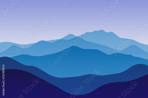 Vector illustration of beautiful scenery mountains in dark blue gradient color. View of a mountains range. Landscape during sunset at the summer time. Foggy hills in the mountains ragion. 