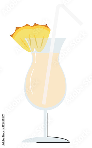 Summer popular alcohol cocktail with pineapple slice and drinking straw isolated on white. Tropical drink with coconut cream and rum. Pina colada beverage concept design. Flat vector illustration