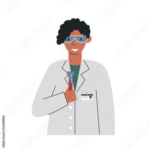 African american woman lab worker examining human donor blood. Doctor hematologist diagnosing biomaterial. Female medic holding blood test tube. Hand drawn flat vector illustration isolated on white