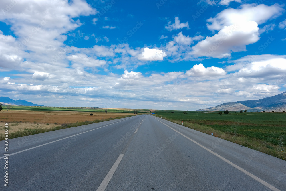 Asphalt road among the summer field under blue cloudy sky. Beautiful countryside landscape