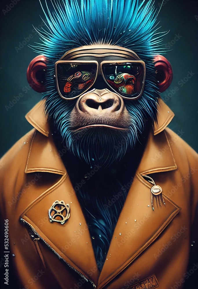 Portrait of a punk monkey. Monkey rock musician. Hipster monkey with a punk hairdo. 3D rendering - obrazy, fototapety, plakaty 