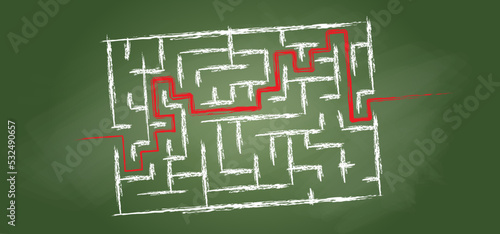 Education logic, School board green chalkboard and labyrinth maze. vector. Find the way, labyrinth riddle. Thinking game for kids