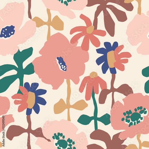 Vector hand-drawn abstract retro flower illustration seamless repeat pattern