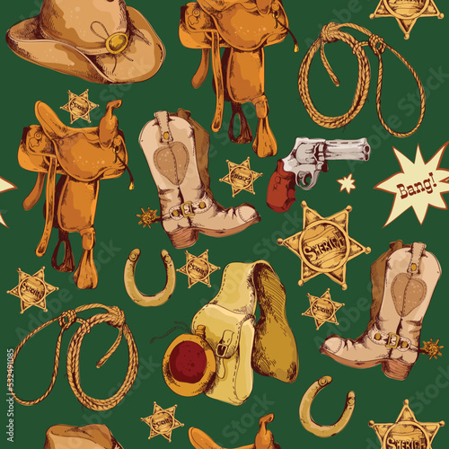 Wild west cowboy colored hand drawn seamless pattern with lasso horse saddle vector illustration