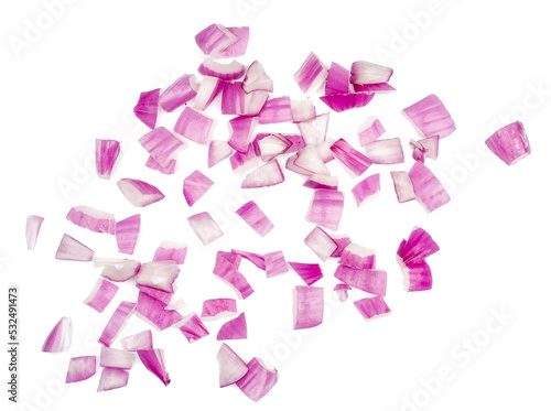 Red onion slices isolated on a white background, top view.