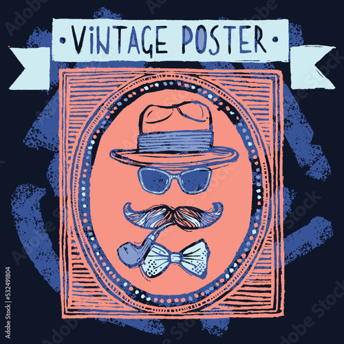 Vintage gentleman disguise set of hat sunglasses mustaches and tobacco pipe poster vector illustration