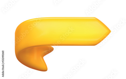 3d realistic arrow mockup illustration. Yellow bended arrow bubble, cartoony style. Direction pointer, ui element, turn, clickbait, glossy curve, infographics 